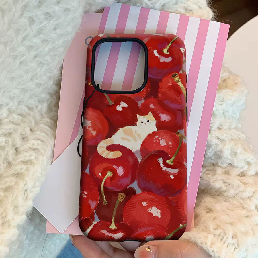 Potdemiel Handyhülle Cherry Cluster & Cream Tabby Cat für iPhone 17 16 15 14 13 Pro Max Plus mit doppelschichtiger Rückseite, Multicolor/Rot - Bild 4