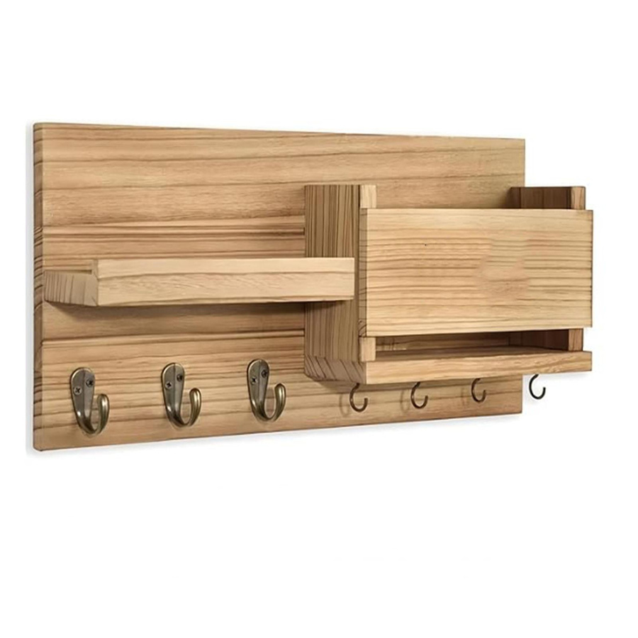 Wandmontierter Postorganizer aus Paulownia-Holz mit Schlüsselhalter und Haken in Braun - Bild 2