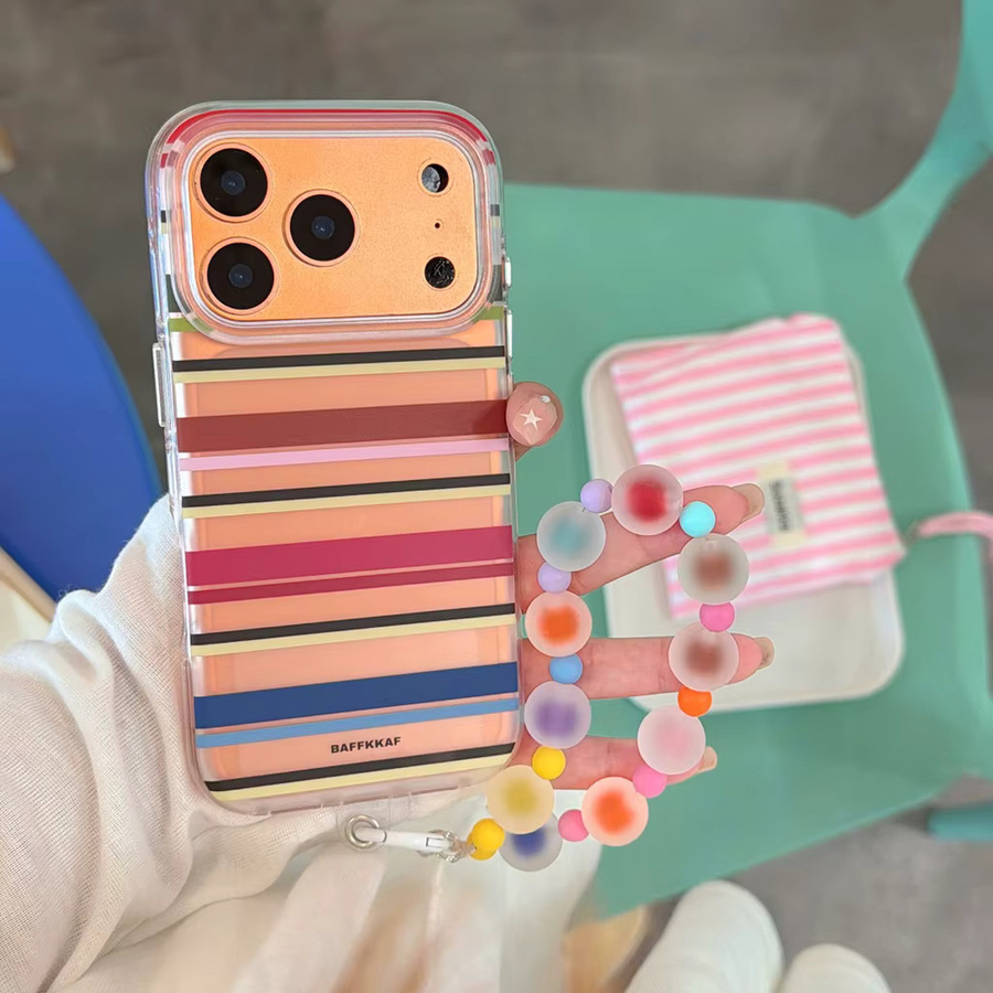 Stoßfeste Schutzhülle mit Retro-Streifen-Design und Perlenkettenanhänger für iPhone 17, 16 und 15 Pro Max in Multicolour - Bild 2