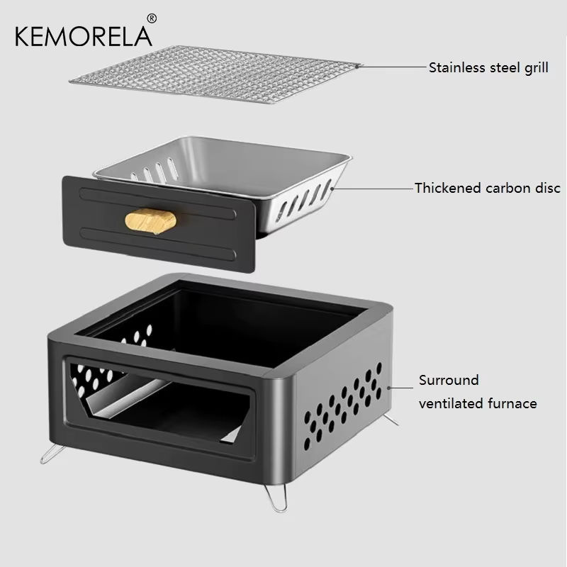 KEMORELA Outdoor BBQ Camping Herd aus Carbon in Schwarz für Holzkohle zum Grillen und Kochen - Bild 5