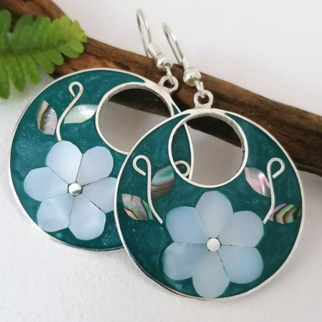 YoYo Hängeohrringe, Blau, Blumen-Blätter-Muster, Damen - Bild 1