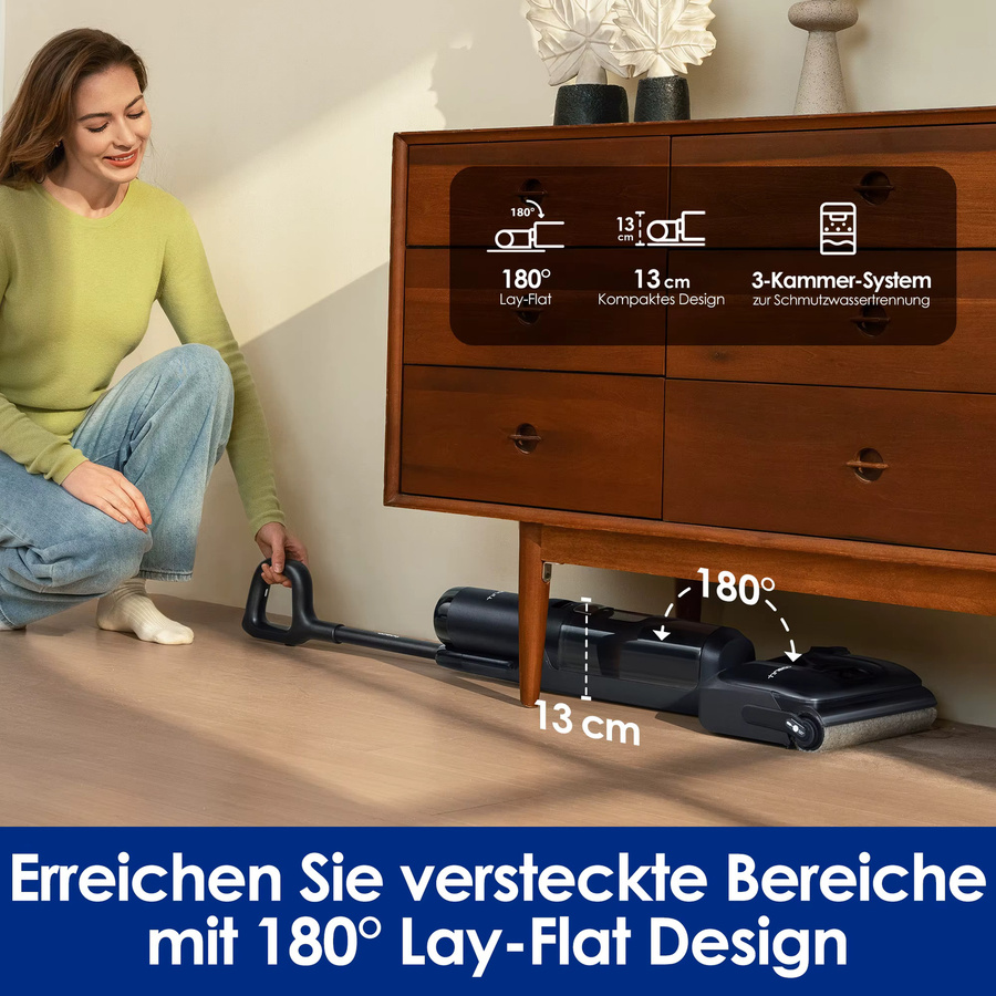 Tineco Floor ONE S7 Stretch Ultra Nass Trockensauger in Schwarz mit 180 Grad Lay-Flat Funktion, 85 Grad Celsius Flashdry Selbstreinigung, 50 Minuten Laufzeit, DualBlock Anti-Tangle und Kantenreinigung - Bild 3