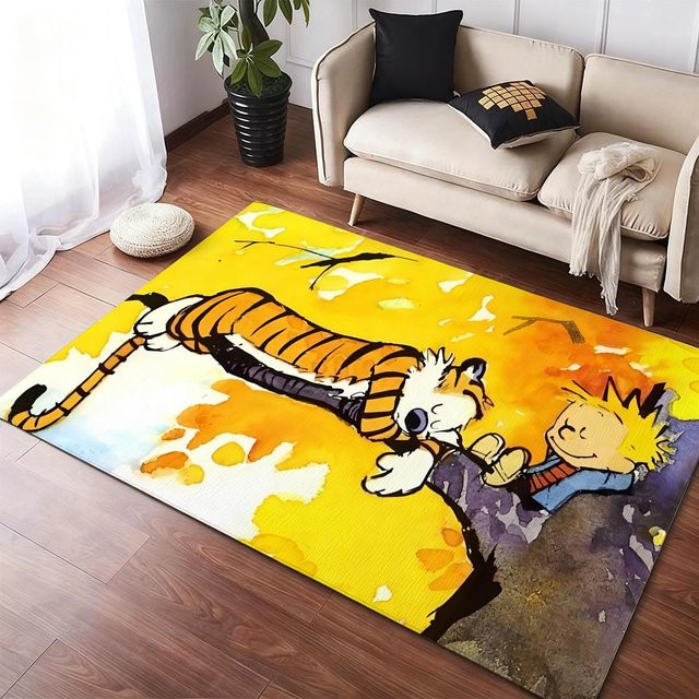 Anime Calvin und Hobbes Bodenmatte aus weichem Flanell in Schwarz, rutschfester Plüschteppich für Wohnzimmer und Innenbereich - Bild 1