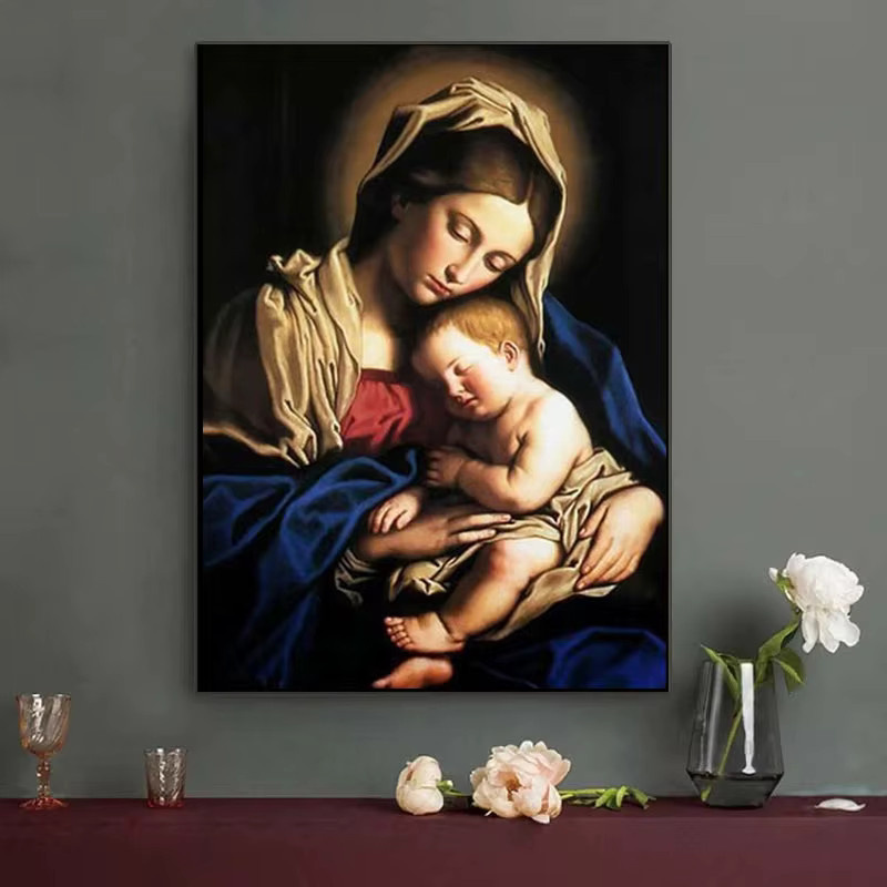 Religiöses Leinwandgemälde Potdemiel Jungfrau Maria Heiliges Herz Kunstwerk in Schwarz und Multicolour - Bild 3