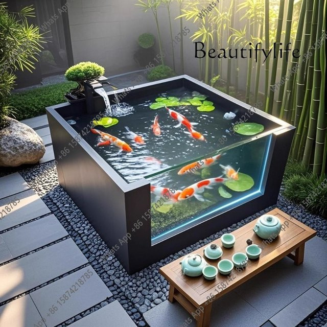 Quadratischer Koi-Fischteich in Schwarz für den Außenbereich mit integriertem Schildkrötenpanzer und Sichtwaschbecken - Bild 1