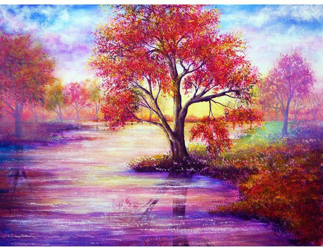 FIYO Diamond Painting Set Ahornblatt und Baum als DIY Stickerei mit Strass und Mosaik, Mehrfarbig, B: 30 cm x H: 20 cm - Bild 1