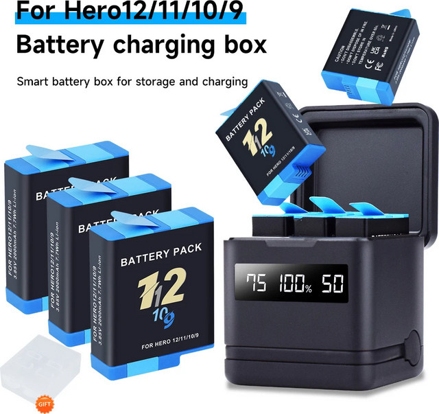 GoPro Akku Set mit 2000mAh und LCD 3-Slot-Ladegerät via USB-C für Hero 9, 10, 11 und 12 Action Cameras in Schwarz - Bild 1