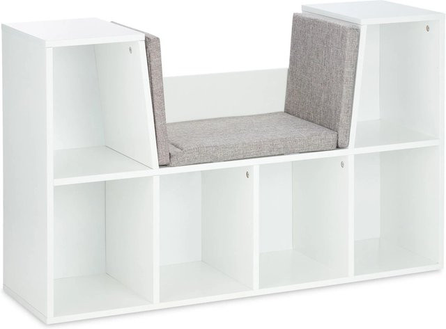 Relaxdays Bücherregal mit Sitzkissen für das Kinderzimmer, MDF, Weiß und Grau, B/H/T: 63 x 103 x 30 cm - Bild 1