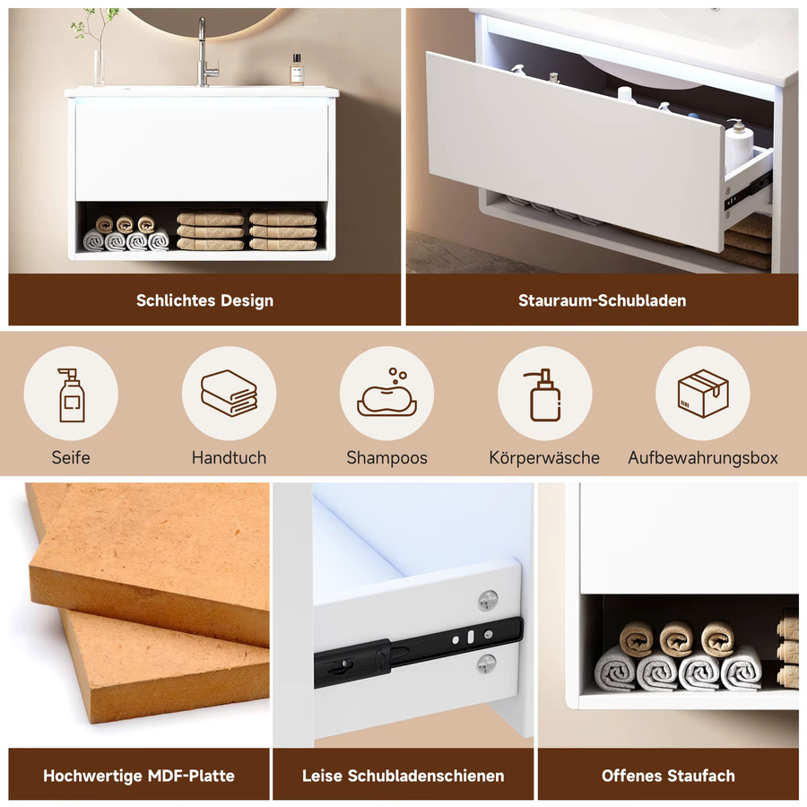Svintora Badezimmer-Waschtisch in Weiß mit sensorischem LED-Licht, einer Schublade und offenem Regal, wandmontiert und modern - Bild 5