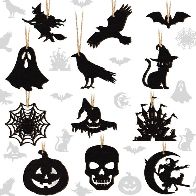 24 Stück Halloween-Hängedekorationen aus Holz in Schwarz mit Kürbis, Geist, Hexenhut, Spinne und Fledermaus als Seilgirlande für deine Party-Dekoration - Bild 1