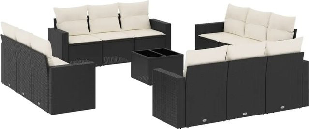 vidaXL 13-tlg. Garten-Sofagarnitur in L-Form aus Poly-Rattan mit Kissen und Tisch, Schwarz und Cremeweiß - Bild 1
