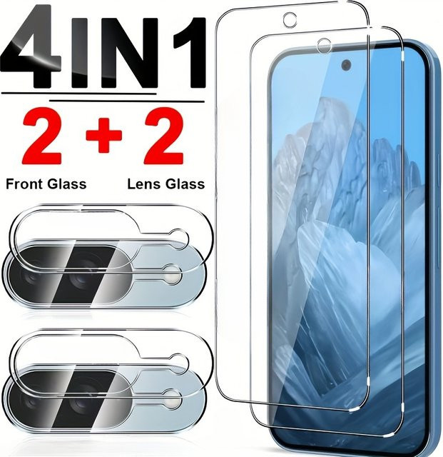 4in1 Displayschutzfolie aus gehärtetem Glas und Kameraobjektiv-Schutzfolie für Google Pixel 9 Pro XL, Pixel 9, Pixel 8 Pro, Pixel 8a und Pixel 8, transparent - Bild 1