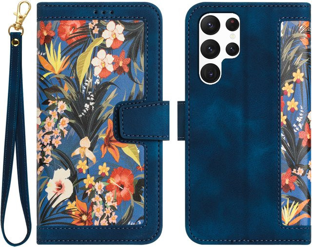 Leder-Handyhülle mit Blumen-Kunstmotiv für Samsung Galaxy S25 S24 S23 S22 S21 S20 FE A06 A16 A26 A36 A56 in Schwarz und Mehrfarbig - Bild 1