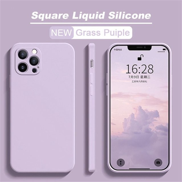 Quadratische Silikon-Handyhülle mit Objektivschutz für iPhone 11 12 13 14 15 Pro Max Mini XS XR in Grün und Lila - Bild 1
