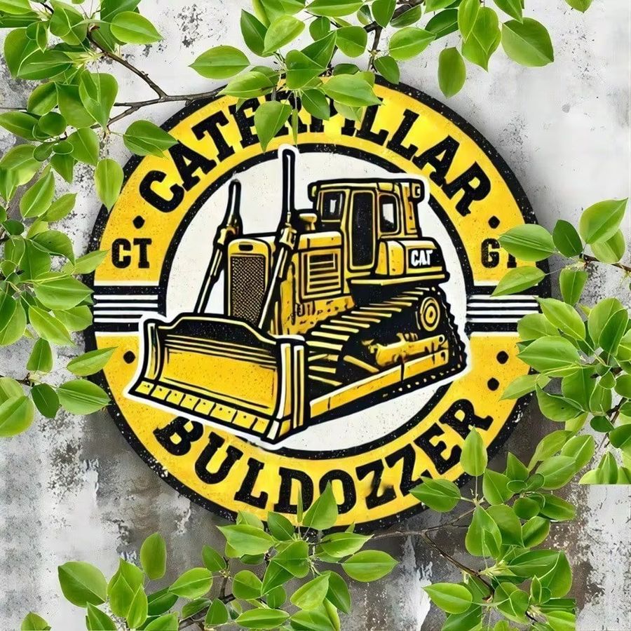 Caterpillar Bulldozer Vintage Metallschild rund in Gelb für deine Wanddekoration in Garage oder Bar - Bild 4