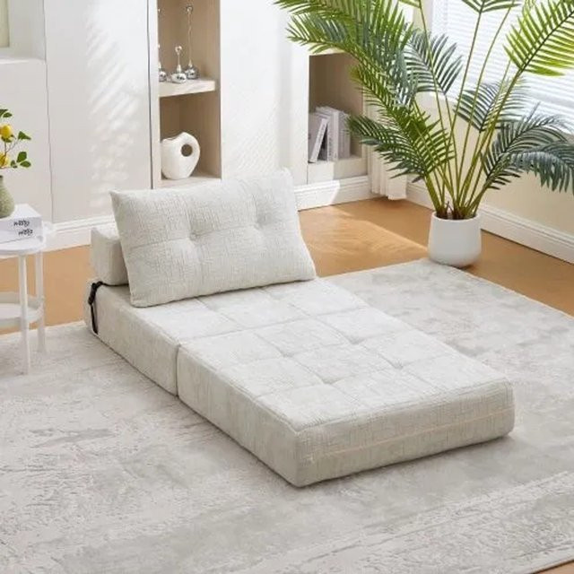 PXloue Klappbares Schlafsofa in Beige mit Kissen aus Chenille und Schaumstoff, B/T/H: 79 x 79 x 57 cm - Bild 1