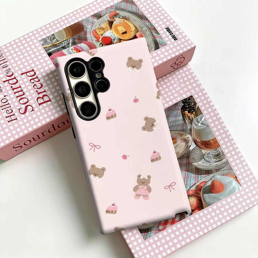 Stoßfeste Doppelschicht Handyhülle mit Teddybär- und Dessert-Muster für Samsung Galaxy S25 Ultra, S24 und S23 Ultra Plus in Pink - Bild 2