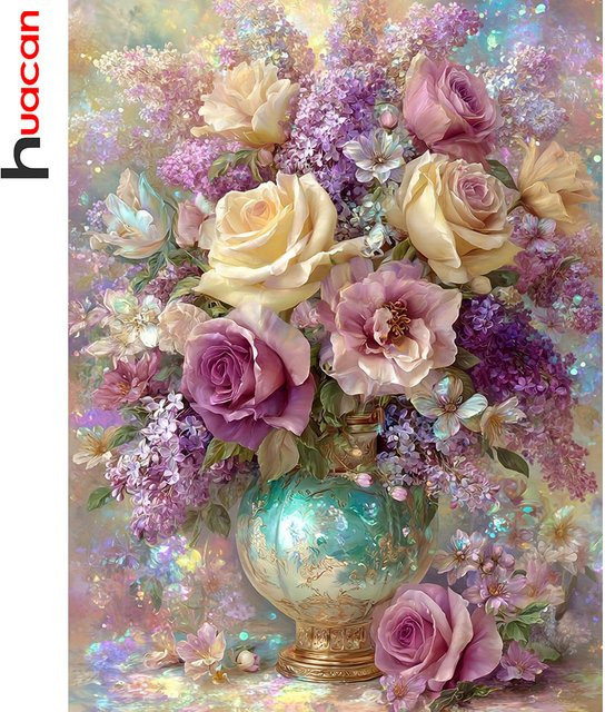 Huacan Diamant-Malset Rosenvase mit floralem Motiv in Multicolour, Diamant-Stickerei Set mit runden Strasssteinen, Breite: 20,0 cm, Höhe: 30,0 cm - Bild 1