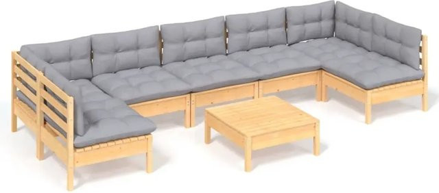 vidaXL 8-teiliges Garten-Lounge-Set aus massivem Kiefernholz in Braun-Grau mit grauen Polstern - Bild 1