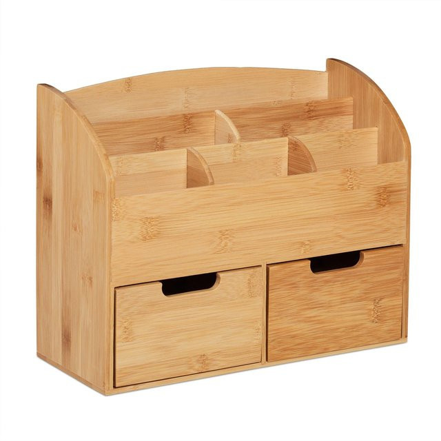 Relaxdays Schreibtisch Organizer aus Bambus in Natur mit 2 Schubladen, Farbe: Beige/Braun, B/T/H: 26 x 33 x 13,5 cm - Bild 1