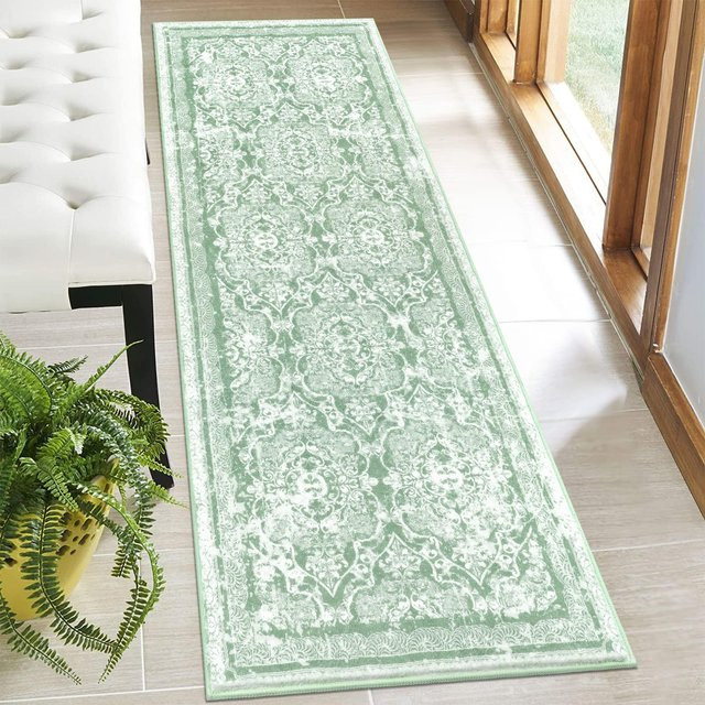 VIKAMA Vintage Korridor Läufer Teppich in Grün, Rutschfeste Bodenmatte für Küche, Flur und Schlafzimmer, B/T: 120 x 40 cm - Bild 1