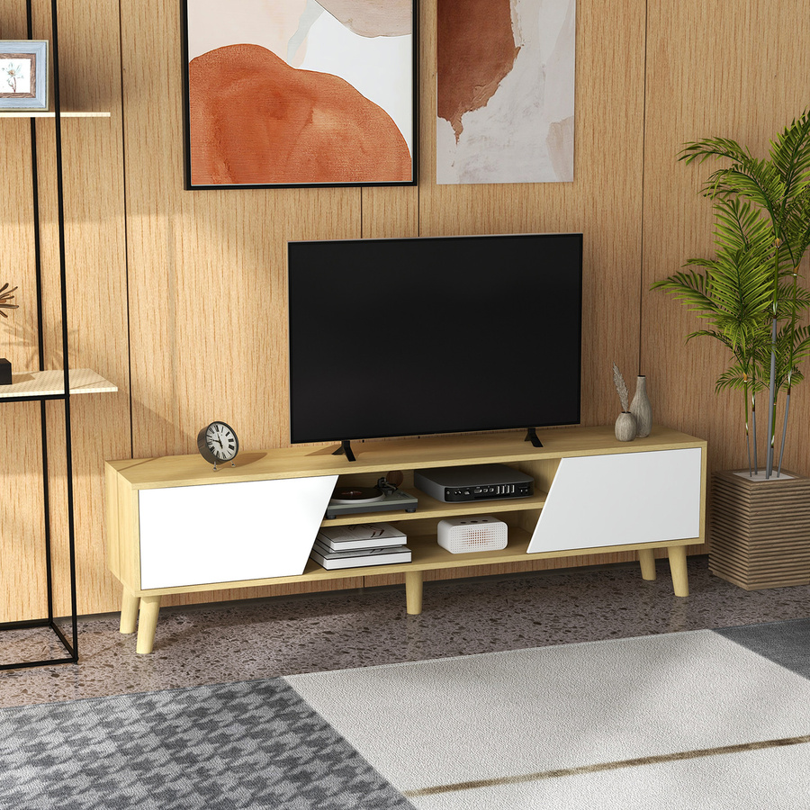 HOMCOM TV-Ständer in skandinavischem Design mit 2 Türen und 2 Fächern, Holzoptik und Weiß, B/T/H: 150 x 30 x 42 cm - Bild 2
