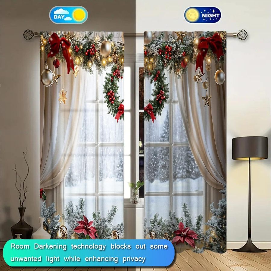 2er-Set Weihnachtsvorhänge von Household supplies MH mit Aufdruck, halbtransparent, mehrfarbig, B: 52,5 cm, H: 116 cm - Bild 2
