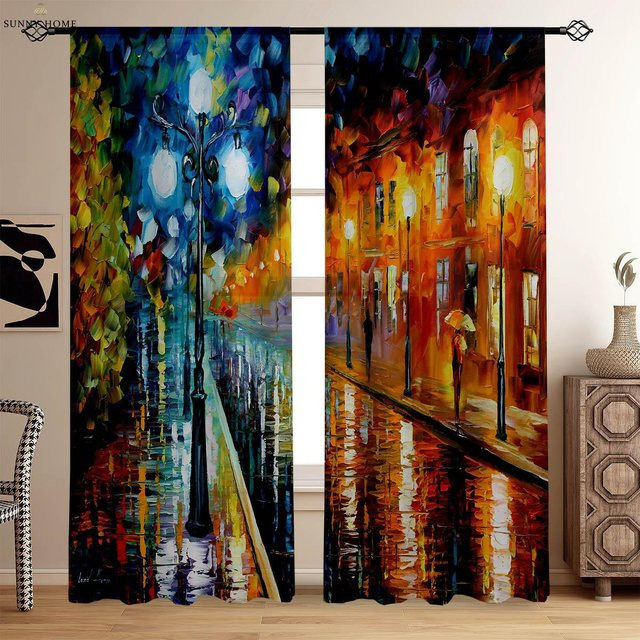 Yiran Furniture Vorhang mit klassischem Ölgemälde-Motiv in Multicolour, 2er-Set aus Polyester, semi-transparent, Breite: 100 cm, Höhe: 240 cm - Bild 1