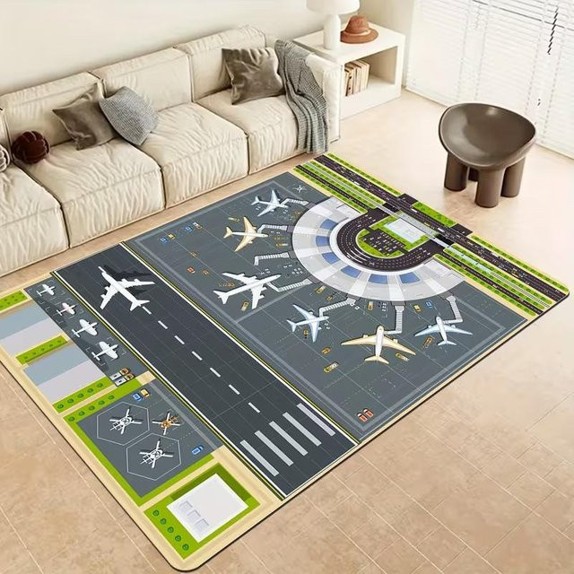 LjqOne Teppich mit Flughafen-Startbahn-Motiv und Flugzeug-Vorfeld-Muster, Mehrfarbig, B/T: 80 x 50 cm - Bild 1