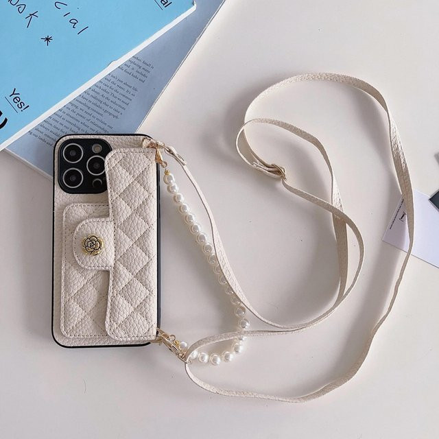 Yiran Crossbody Handyhülle mit Perlenarmband und Kartenhalter aus Leder für iPhone, Farbe: Weiß - Bild 1
