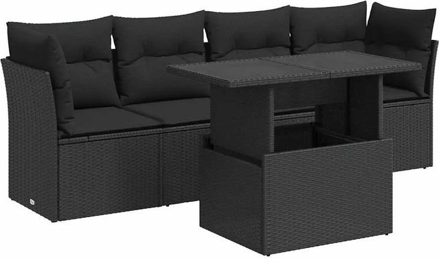vidaXL 5-teilige Garten-Sofagarnitur in L-Form aus schwarzem Poly-Rattan mit Kissen und Stauraum - Bild 1