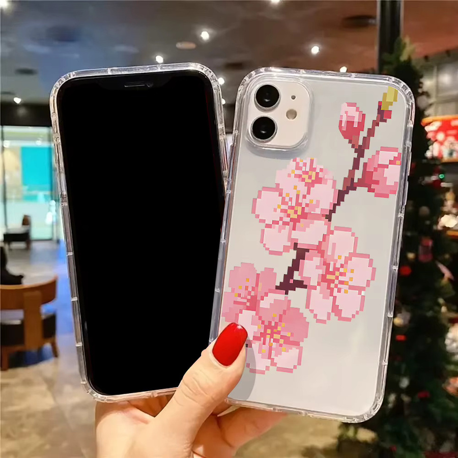 Transparente Silikonhülle mit Pixel-Art Kirschblütenmuster für iPhone 11 bis iPhone 17 Pro Max und weitere Modelle - Bild 4