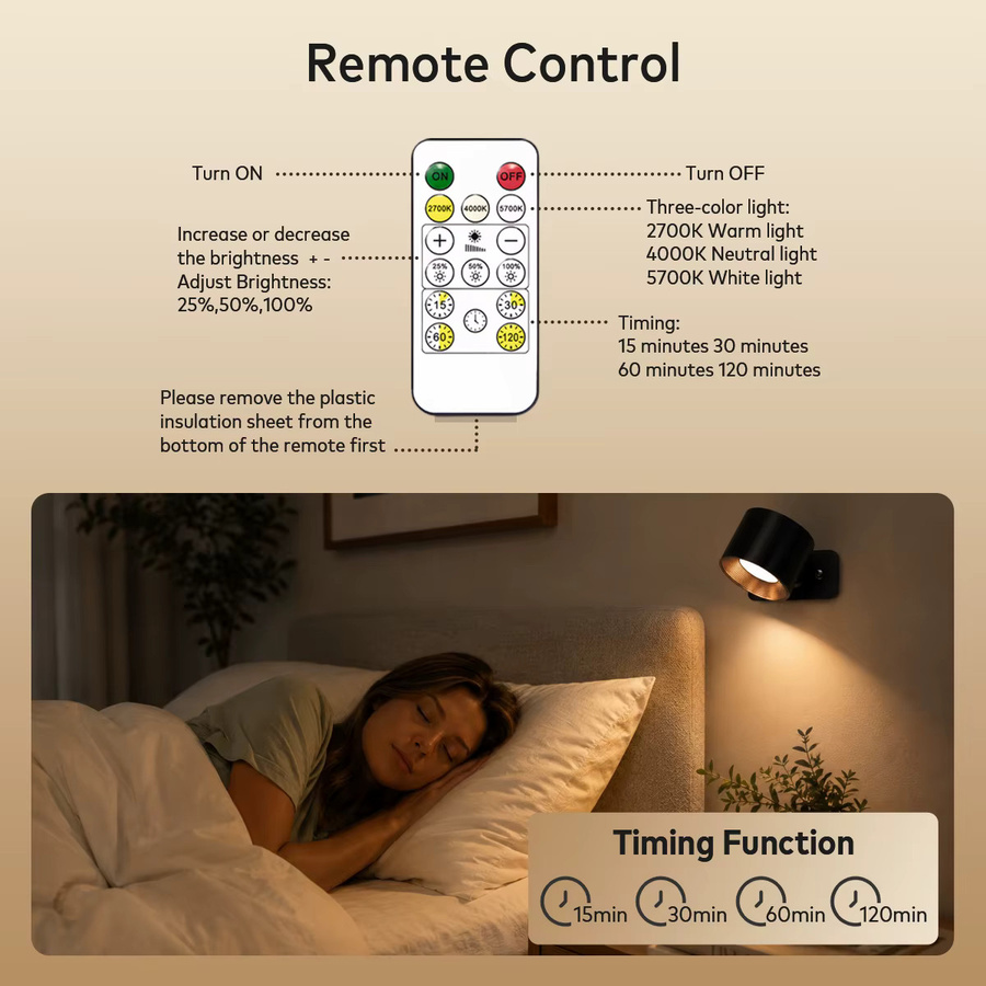 Kabellose magnetische LED-Wandleuchte in Schwarz mit Fernbedienung, dimmbar und wiederaufladbar, inklusive Timer-Funktion und 360 Grad Drehung für Schlafzimmer und Treppen - Bild 5