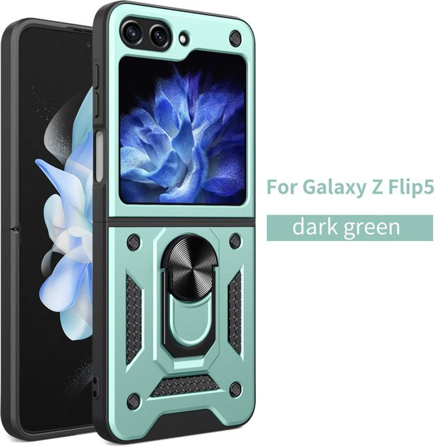 Magnetische Handyhülle für Samsung Galaxy Z Flip5, Z Flip6 und Z Flip7 mit Ringhalter und Kamera-Schutz in Grün - Bild 1
