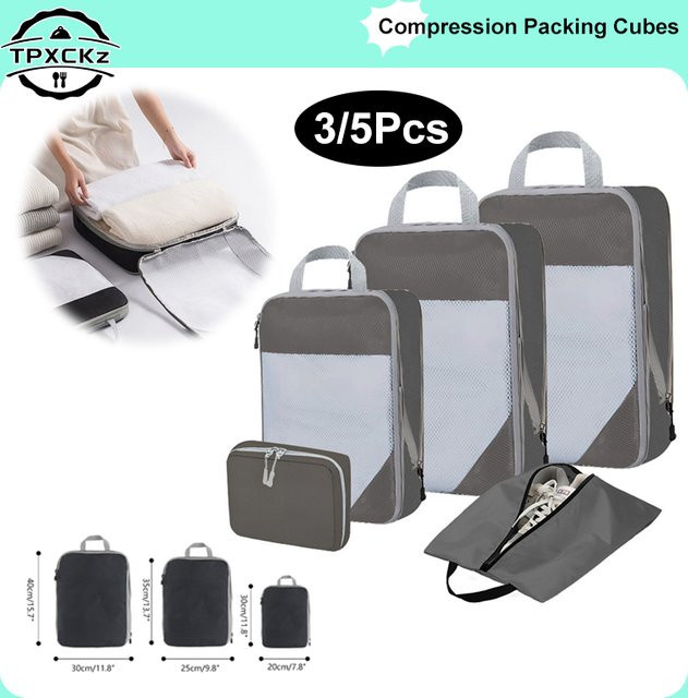 JETTING Reise-Kompressionstaschen Set aus Mesh und Stoff, Schwarz, 3er-Set oder 5er-Set zur Kleideraufbewahrung und als Reise-Organizer - Bild 1