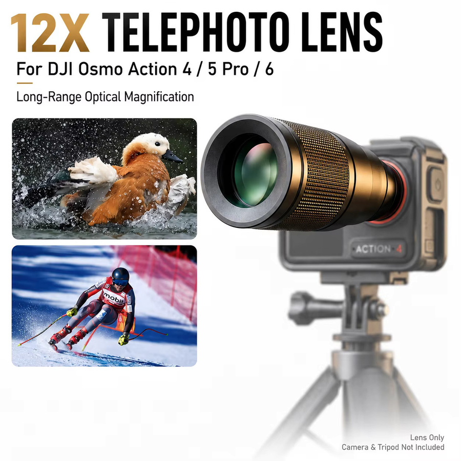 12-fach Teleobjektiv für DJI Osmo Action 4, Osmo Action 5 Pro und Osmo Action 6 in Schwarz für Wildtier- und Sportaufnahmen - Bild 2