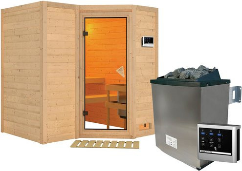 Karibu Sauna Riga 1 aus Fichte mit 9 kW Saunaofen und externer Steuerung für 3 Personen, beige, B/T/H: 184 x 209 x 193 cm - Bild 1