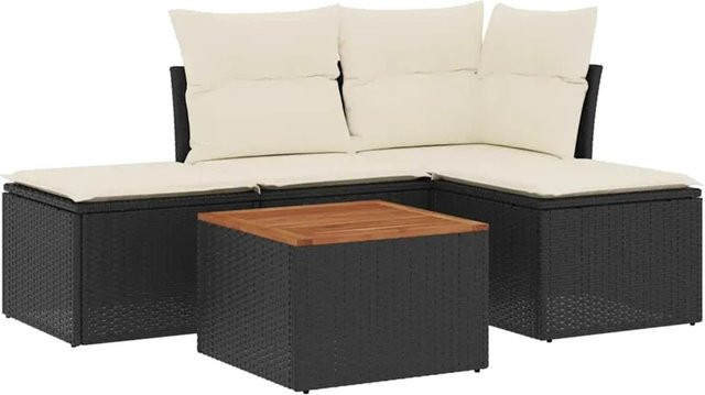 vidaXL 5-teilige Garten-Sofagarnitur aus Poly-Rattan und Akazienholz in Schwarz-Creme mit Kissen - Bild 1