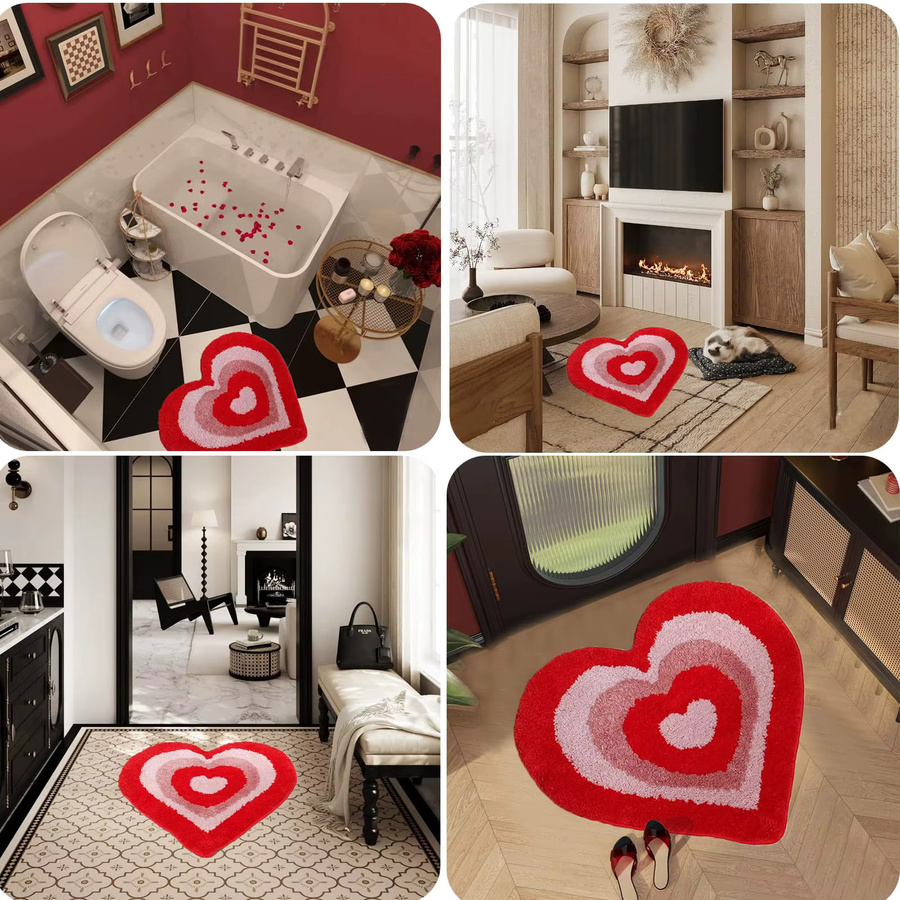 VIKAMA Herz-Badematte in Rot, herzförmiger Badezimmerteppich mit Grafikdesign, Breite: 60 cm, Tiefe: 50 cm - Bild 6