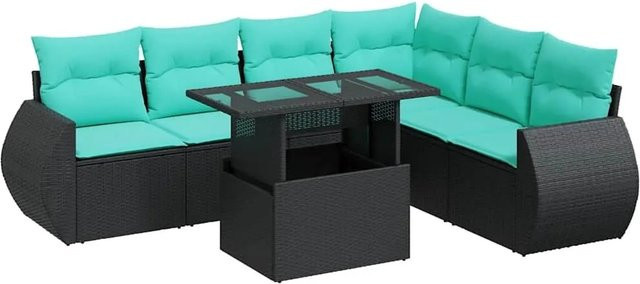 vidaXL 7-teilige Garten-Sofagarnitur in L-Form aus schwarzem Poly-Rattan mit Kissen und pulverbeschichtetem Stahlgestell - Bild 1