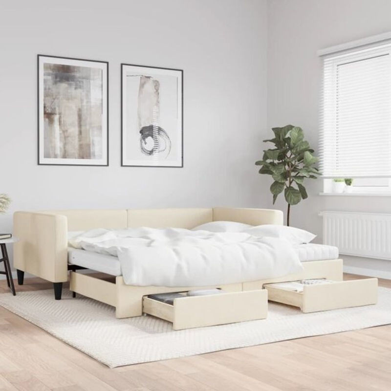 Ausziehbares Funktionsbett vidaxl mit Schubladen in Beige aus Stoff und Metall, B/T: 100 x 200 cm - Bild 1