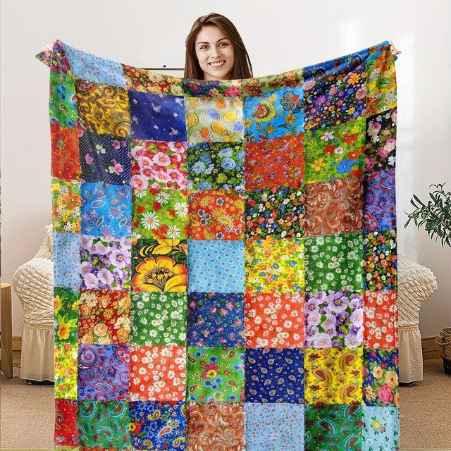 JMG Household Supplies Flanell Überwurfdecke mit Blumen-Karo-Muster in Multicolour, weich und warm für Sofa oder Bett, B/T: 70 x 100 cm - Bild 1