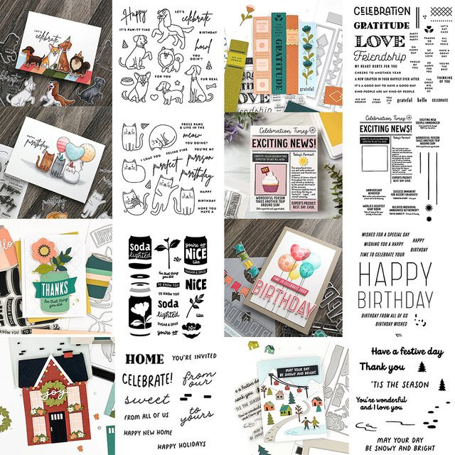 Stempel und Stanzformen Set für DIY-Karten und Bastelarbeiten mit Hund, Katze und Geburtstagsmotiven, Mehrfarbig - Bild 1