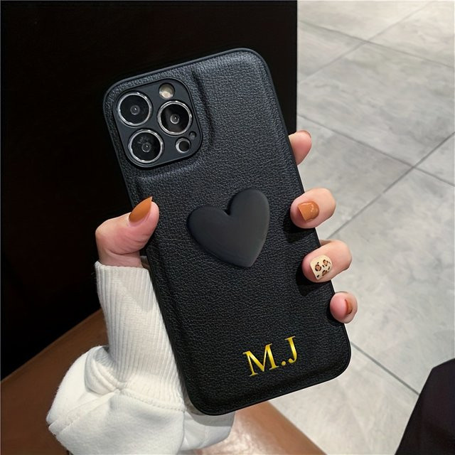 YLUOYI Luxus Lederhülle mit Monogramm und Herz-Design für iPhone 16 Pro Max bis iPhone 7 Plus in Beige oder Schwarz - Bild 1