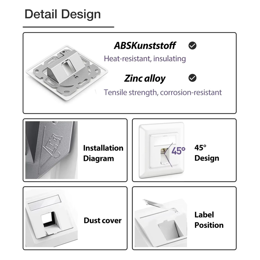 ZoeRax 1-Port Unterputz-Netzwerkbuchse RJ45 Ethernet-Datenbuchse in Weiß mit geschirmten Keystone-Buchsen für CAT8 CAT7 CAT6A - Bild 2