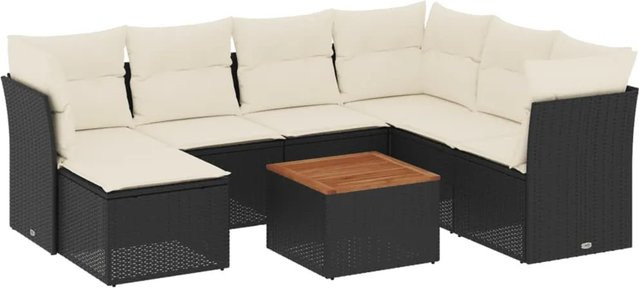 vidaXL 8-tlg Garten-Sofagarnitur in L-Form aus Polyrattan und Akazienholz mit Kissen, Schwarz und Cremeweiß - Bild 1