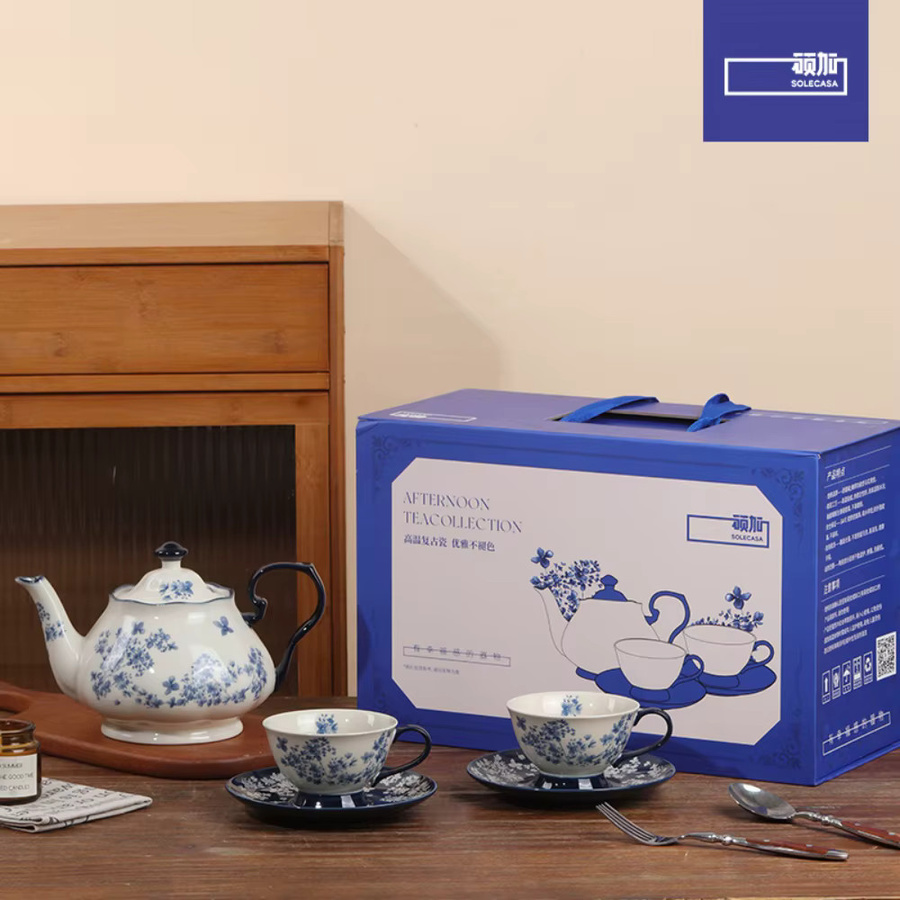 SHUNXIANG Keramik-Teeservice aus blau-weißem Porzellan mit Teekanne und Tassen im floralen Design - Bild 3