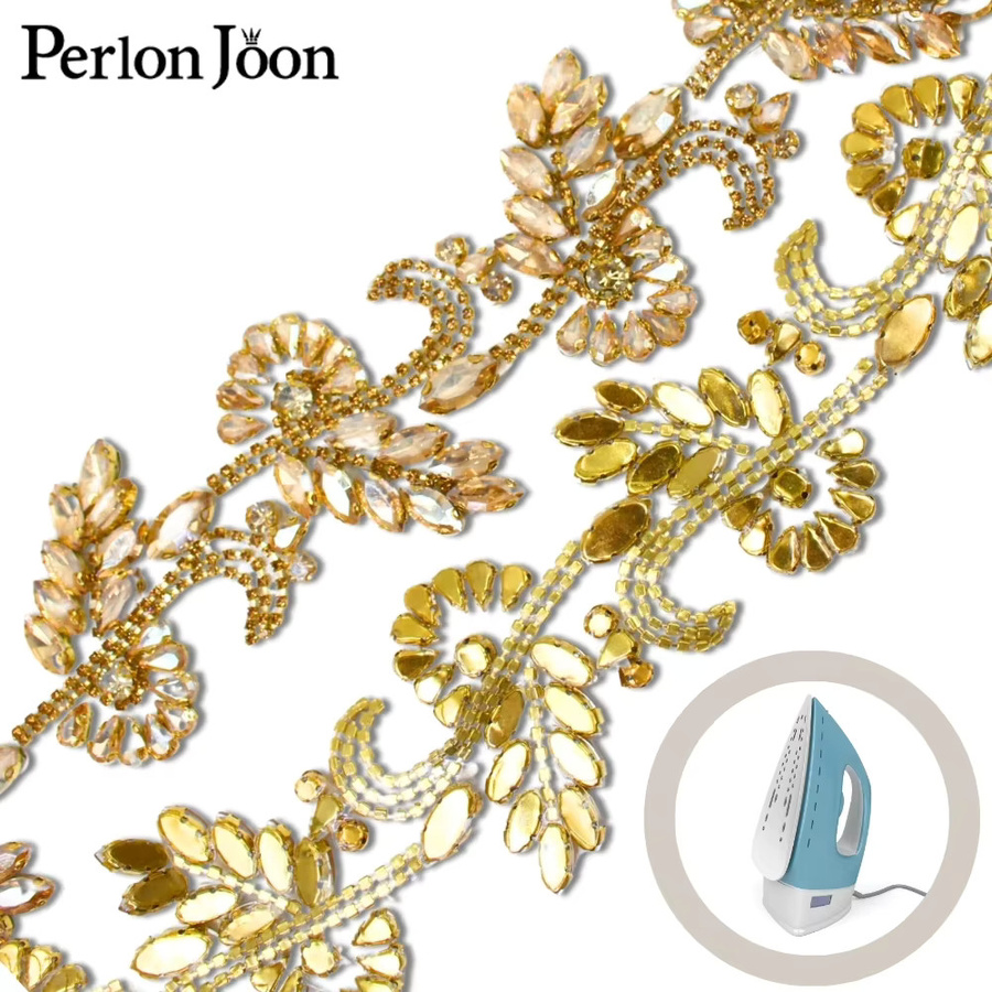 Perlon joon Kristall Strass Trim Blume Blatt Aufbügeln Band in Gold für DIY Reparaturen an Kleidung und Accessoires - Bild 3