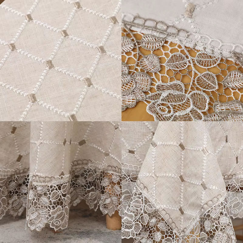 YOMDID Baumwolle Tischdecke mit Blumen-Stickerei und Spitze in Beige für Hochzeit und Weihnachtsdekoration - Bild 5