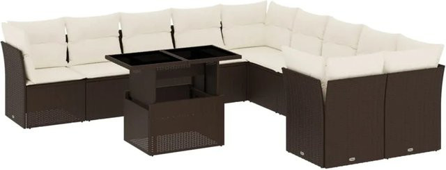 vidaXL 11-tlg Garten-Sofagarnitur aus Poly-Rattan in Braun mit cremeweißen Kissen und Metallgestell - Bild 1